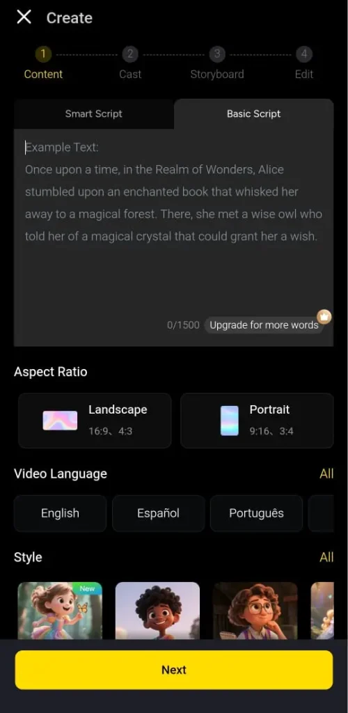 Steps 2: Open AI Video Generator Tool and Choose Script